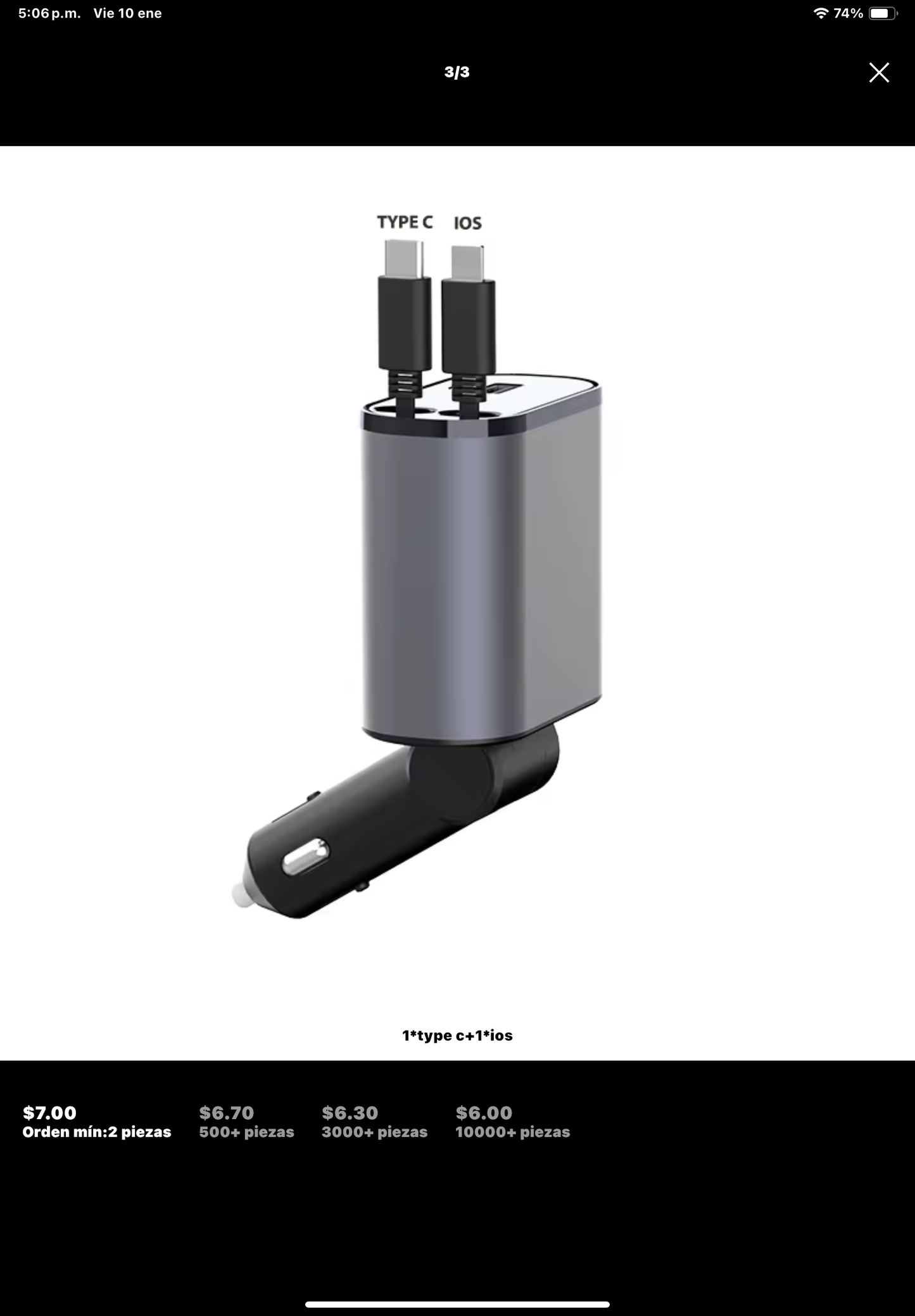 Cargador retráctil con dos cables, tipo c y otro para iPhone